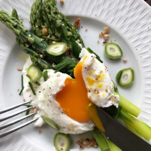 Asparagus, Whipped Feta, Poached Egg with Green Almonds and Almond Crumble